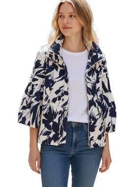 Rachel Adams blazer jacket cotton spandex white blue floral spring summer Medium